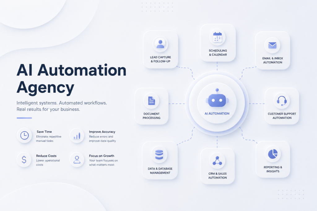 AI automation agency using intelligent automated workflows for lead capture, scheduling, email, documents, CRM, and customer support
